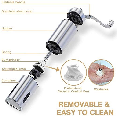 Manual Coffee Grinder, Hand Coffee Grinder with Adjustable Setting, Conical Ceramic Burr, Triangular Stainless Steel Mill with Foldable Handle Manual Burr Grinder
