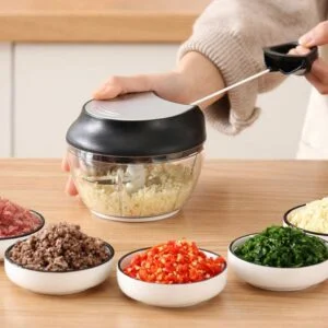 Manual Food Chopper, Small Hand Powered Food Processor with 3 Blades and Drawstring Design, Newest Mincer Press for Garlic Fruit Meat, Durable and Easy Use (Black)