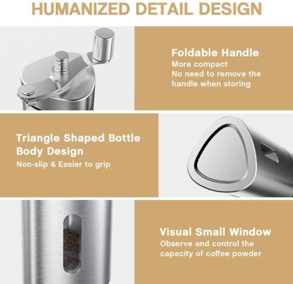 Manual Coffee Grinder, Hand Coffee Grinder with Adjustable Setting, Conical Ceramic Burr, Triangular Stainless Steel Mill with Foldable Handle Manual Burr Grinder