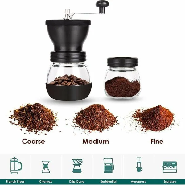 Manual Coffee Bean Grinder, Hand Coffee Mill with 2 Glass Jars Ceramic Burr Stainless Steel Handle for Aeropress, Drip Coffee, Espresso, French Press, Turkish Brew