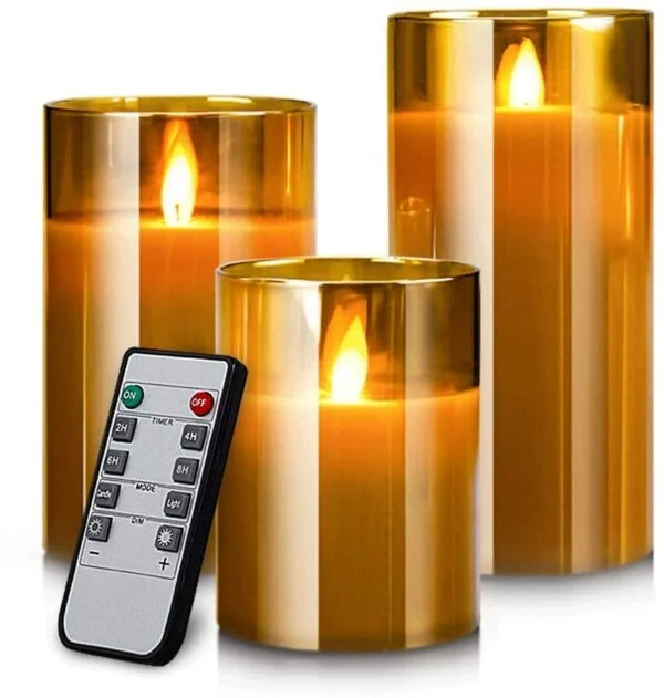 Flameless LED Glass Cup Pillar Candles, Paraffin Wax ,Faux Wick Moving Flame, Remote Controller Battery Powered