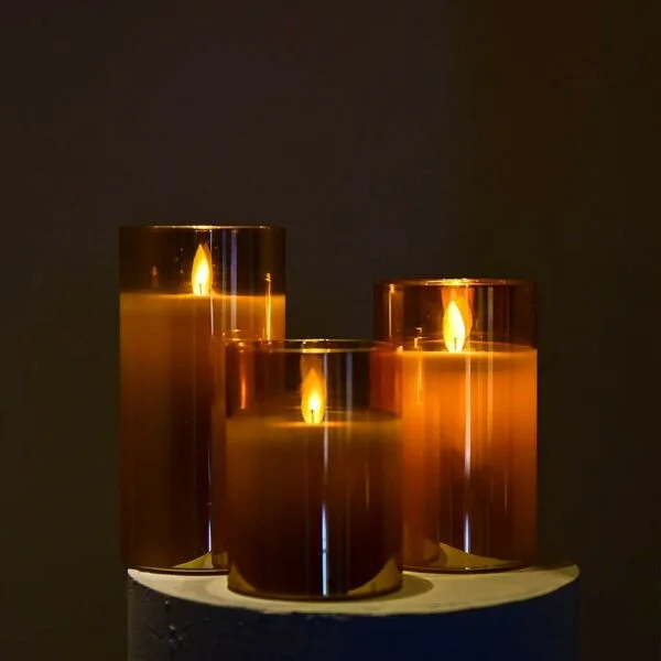 Flameless LED Glass Cup Pillar Candles, Paraffin Wax ,Faux Wick Moving Flame, Remote Controller Battery Powered