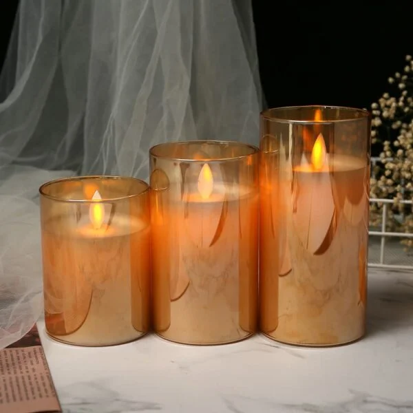 Flameless LED Glass Cup Pillar Candles, Paraffin Wax ,Faux Wick Moving Flame, Remote Controller Battery Powered