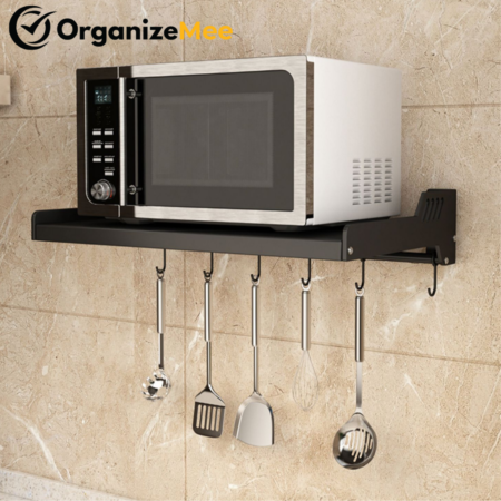Microwave Wall Shelf [ Single Stage ]rack for Kitchen from 17 to 25 Liter Size 55 cm Wide with Hooks 65 Kg load capacity (Matte Black)