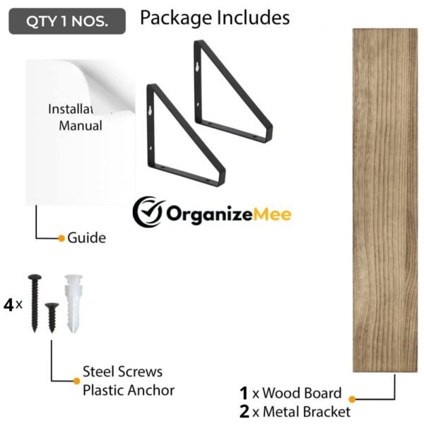 OrganizeMee 36 inch Pine wood floating shelf for wall , with metal brackets suitable for kitchen, living room, bedroom wall decor (L 36" x 5" Walnut brown QTY 1)