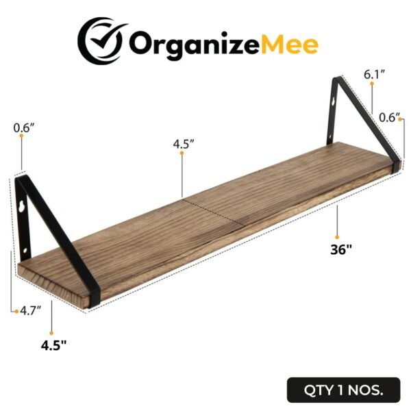 OrganizeMee 36 inch Pine wood floating shelf for wall , with metal brackets suitable for kitchen, living room, bedroom wall decor (L 36" x 5" Walnut brown QTY 1)