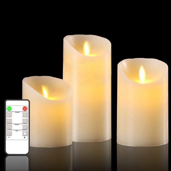 Flameless LED Candle Flickering Real Wax Faux Wick Moving Flame Effect Set of 3 Ivory Real Wax Pillar LED Candles Battery Operated with Remote Controller