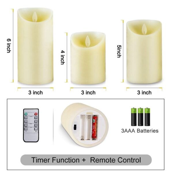 Flameless LED Candle Flickering Real Wax Faux Wick Moving Flame Effect Set of 3 Ivory Real Wax Pillar LED Candles Battery Operated with Remote Controller