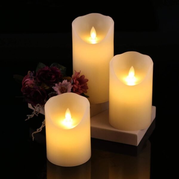 Flameless LED Candle Flickering Real Wax Faux Wick Moving Flame Effect Set of 3 Ivory Real Wax Pillar LED Candles Battery Operated with Remote Controller