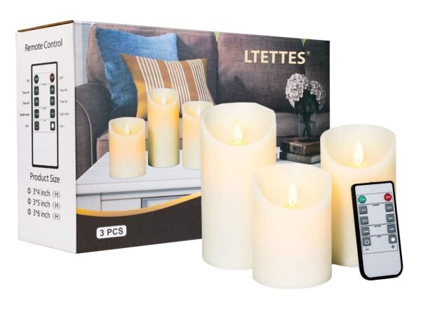 Flameless LED Candle Flickering Real Wax Faux Wick Moving Flame Effect Set of 3 Ivory Real Wax Pillar LED Candles Battery Operated with Remote Controller