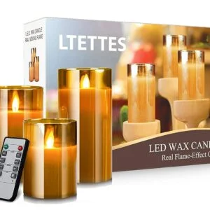 Flameless LED Glass Cup Pillar Candles, Paraffin Wax - AA Battery Powered, Faux Wick/Moving Flame, Remote Controller With Timer Function (Pack of 3 candles + Remote + 9xAA Batteries) - Brown