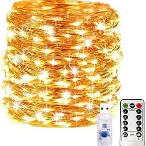 10 Meters 100 LED Copper Wire Warm White Lights Waterproof with Remote and Mode Functions and Timer USB Powered Decorative LED