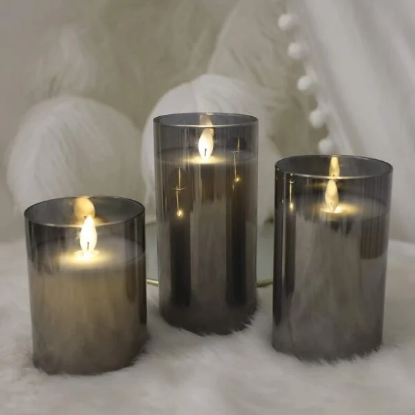 Grey Flickering Glass Candle Material ,Realistic Flame-Effect (Set of 3+Remote)