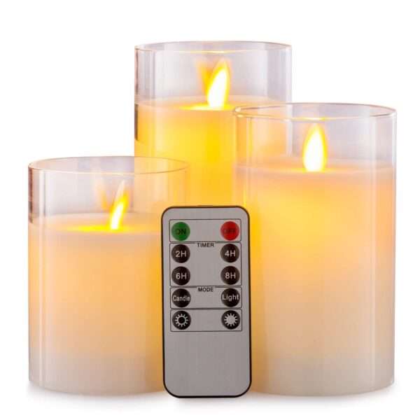 LED Flameless Candles Flickering Moving Wick Glass Candle Sets with Remote Control-Battery Operated 4" 5" 6" Pack of 3 