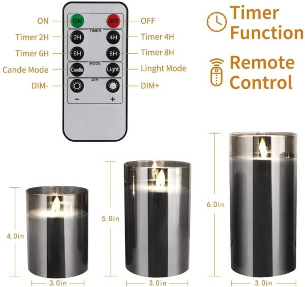 Grey Flickering Glass Candle Material ,Realistic Flame-Effect (Set of 3+Remote)