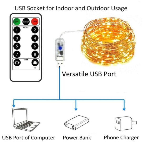 5 Meters 100 LED Copper Wire Warm White Lights Waterproof with Remote and Mode Functions and Timer USB Powered