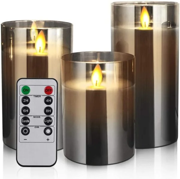 Grey Flickering Glass Candle Material ,Realistic Flame-Effect (Set of 3+Remote)
