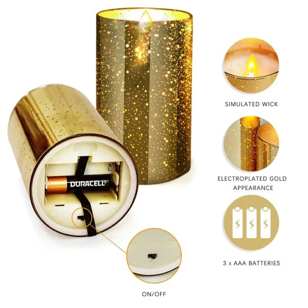 Flickering Led Flameless Candles, Moving Wick Effect Glod Outdoor Glass (GOLD)