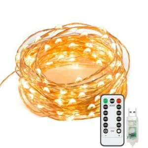 5 Meters 100 LED Copper Wire Warm White Lights Waterproof with Remote and Mode Functions and Timer USB Powered