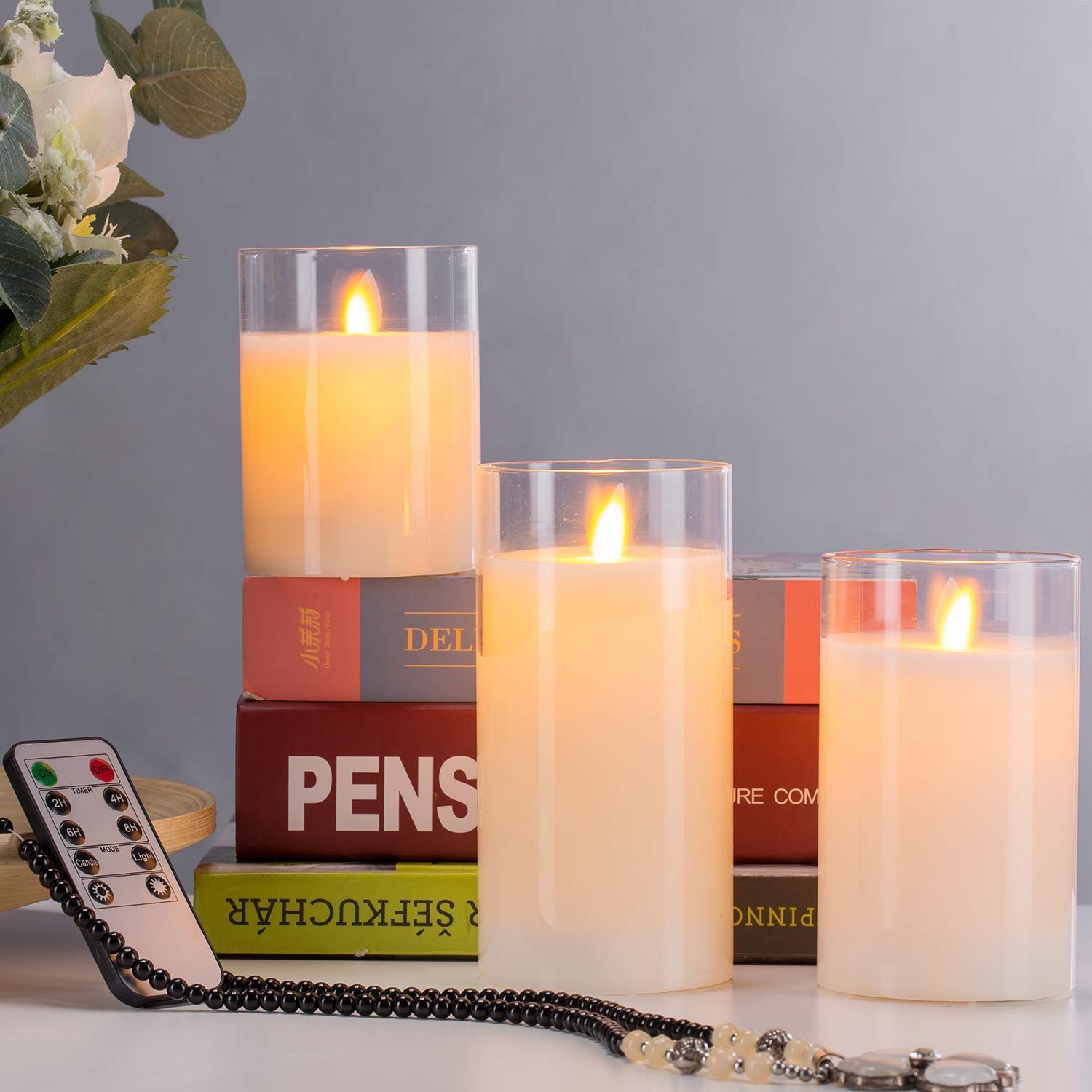 LED Flameless Candles Flickering Moving Wick Glass Candle Sets with Remote Control Battery Operated 4