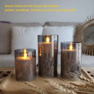 Grey Flickering Glass Candle Material ,Realistic Flame-Effect (Set of 3+Remote)