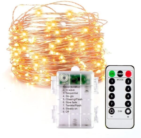 10 Meter Battery Powered Copper LED String Lights Warm White with Waterproof Battery Box with Remote Controller