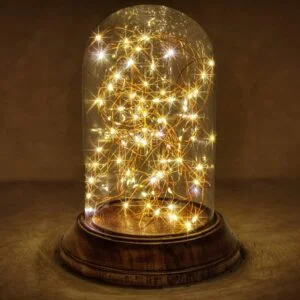 Glass Cloche Copper Dome String USB Operated Table Light Lamp With Real Wooden Base [Medium]