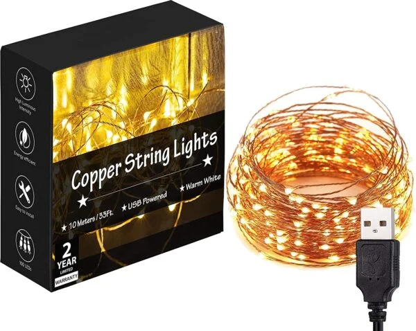 Warm White Rice Led 10 Meters 100 LED Copper Wire String Lights IP65 Waterproof USB Powered