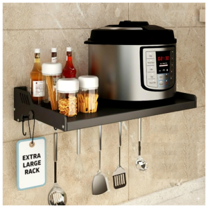 Extra Large Microwave Wall Shelf rack (Size 60 cm wide  & 55 CM Deep)    for Kitchen from 25-38 Liter  with Hooks 65 Kg load capacity (Single Stage Matte Black)