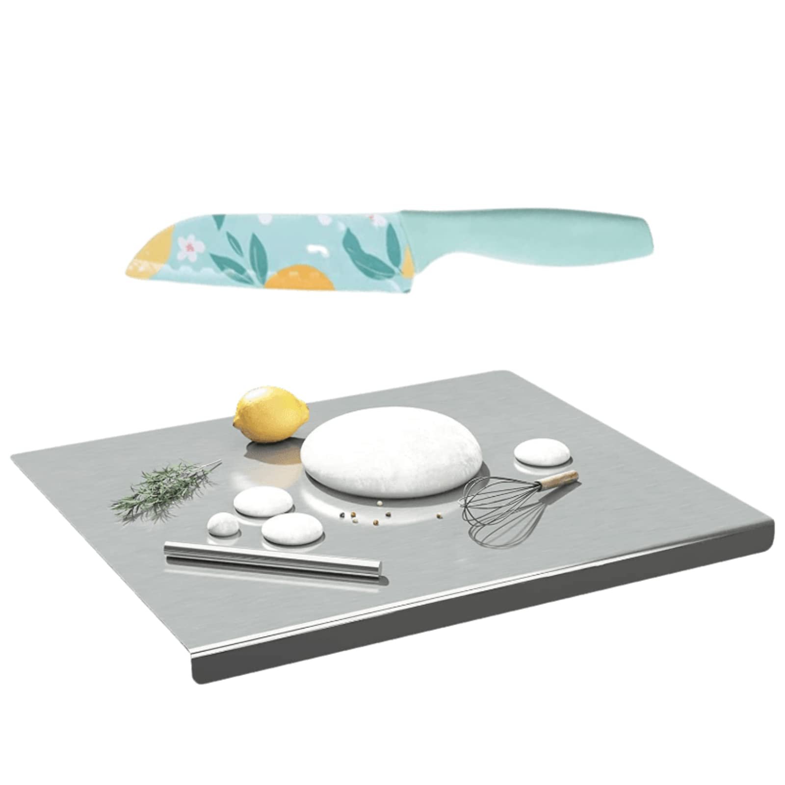 OrganizeMee Stainless Steel Kitchen Counter Top Chopping Board,Vegetable Cutter & Butcher Block Efficient and Durable for Countertop and Worktop Size:35.8X30CM,with Lip Bend & Blue Knife