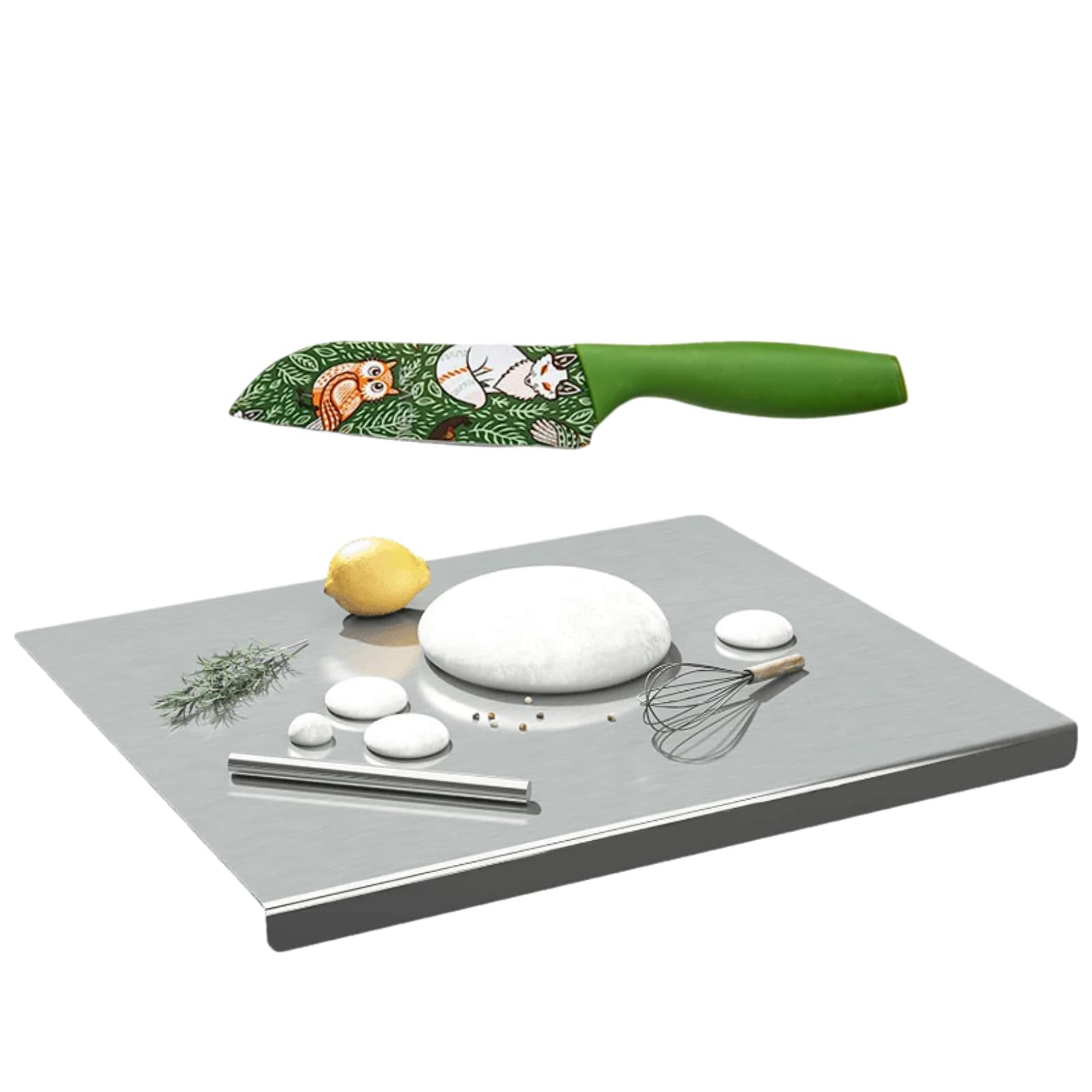 OrganizeMee Stainless Steel Kitchen Counter Top Chopping Board,Vegetable Cutter & Butcher Block Efficient and Durable for Countertop and Worktop Size:35.8X30CM,with Lip Bend and Green Knife