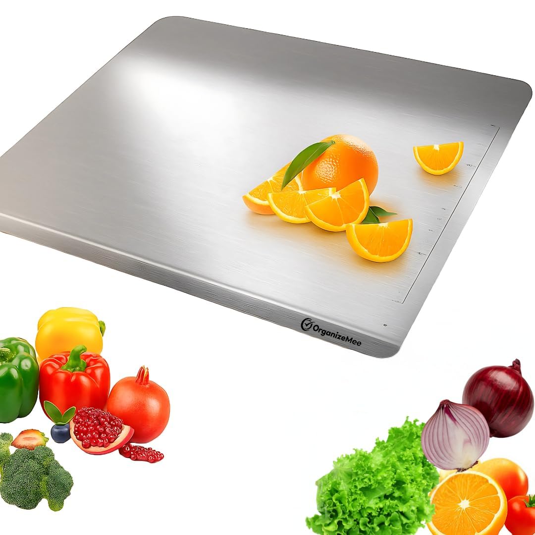 OrganizeMee Premium (35.8 cm x30cm) Stainless Steel Chopping Board | Steel Kitchen countertop for Cutting, Vegetable Chopper, for Meat & Veggies Items, Chopping Board Steel pad (Medium Platform)