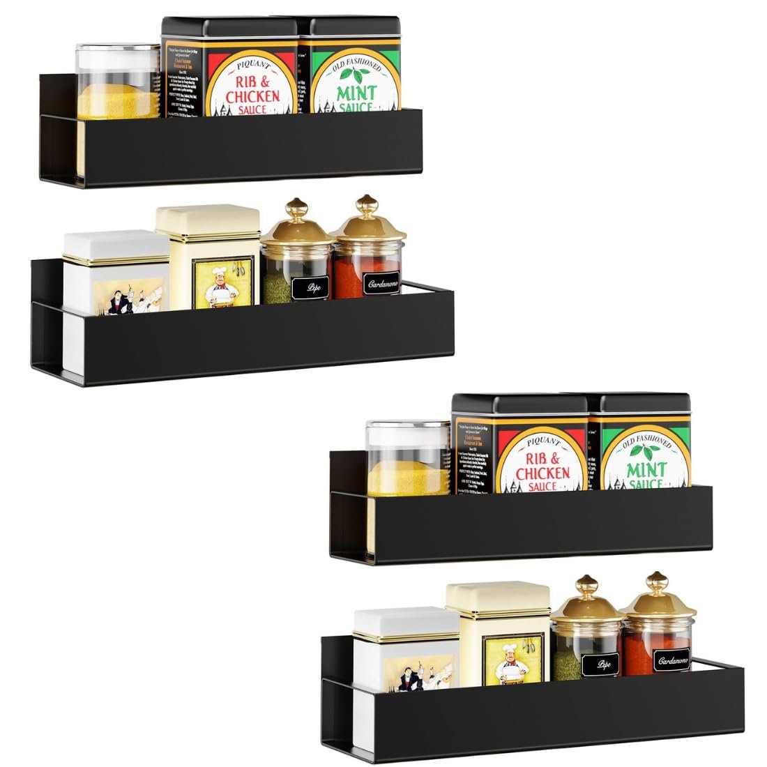 OrganizeMee Movable Kitchen Organizer Storage Spice Magnetic Rack, Decorate Your Fridge,Washing Machine & Microwave Oven with Magnetic Metal Fridge Side Rack 1 Year Warranty: Black Set Of 4