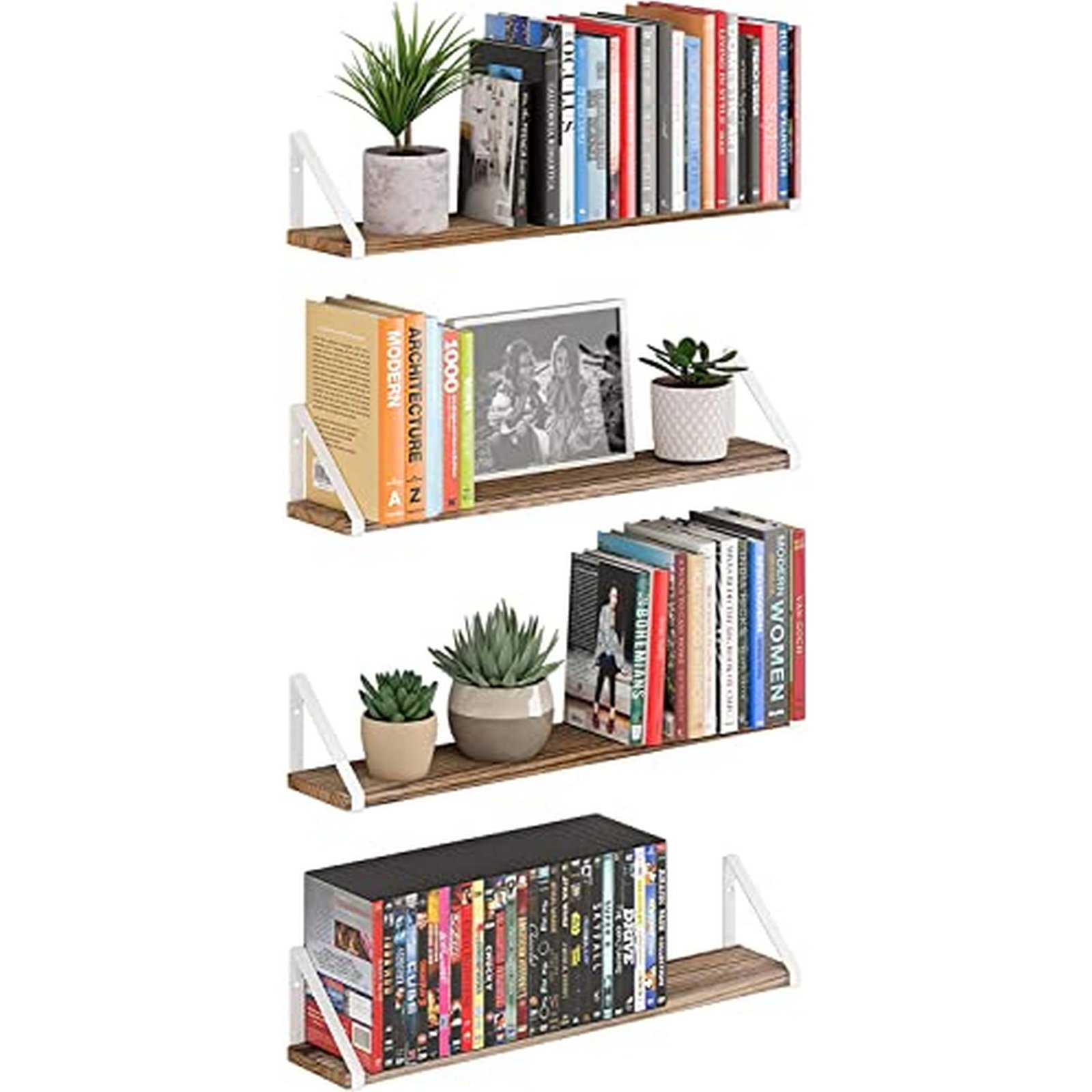 OrganizeMee Wooden Wall Shelf | Floating Pine Wood Rack with Polished Finish & White Metal Brackets | Ideal for Living Room, Kitchen, or Bedroom Decor | Size: 36" | Qty: 1 Nos