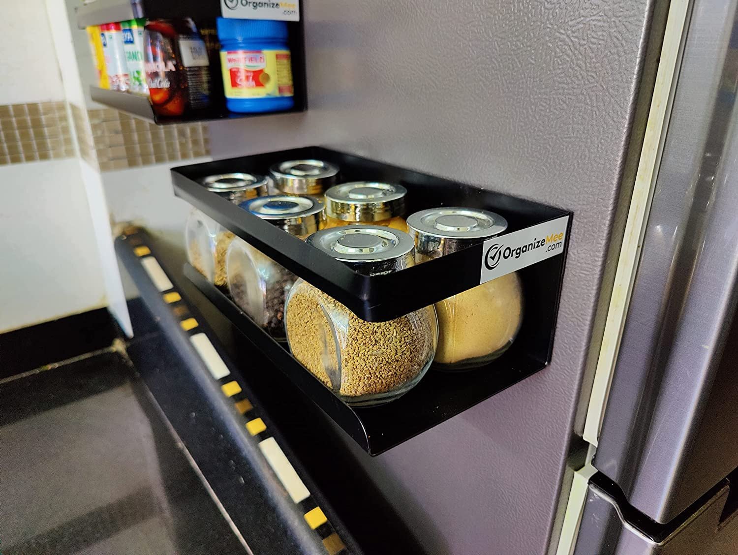 OrganizeMee kitchen organizer storage spice magnetic rack, decorate your fridge,washing machine & microwave oven with magnetic metal fridge side rack organiser rack shelf (Black)-Qty2