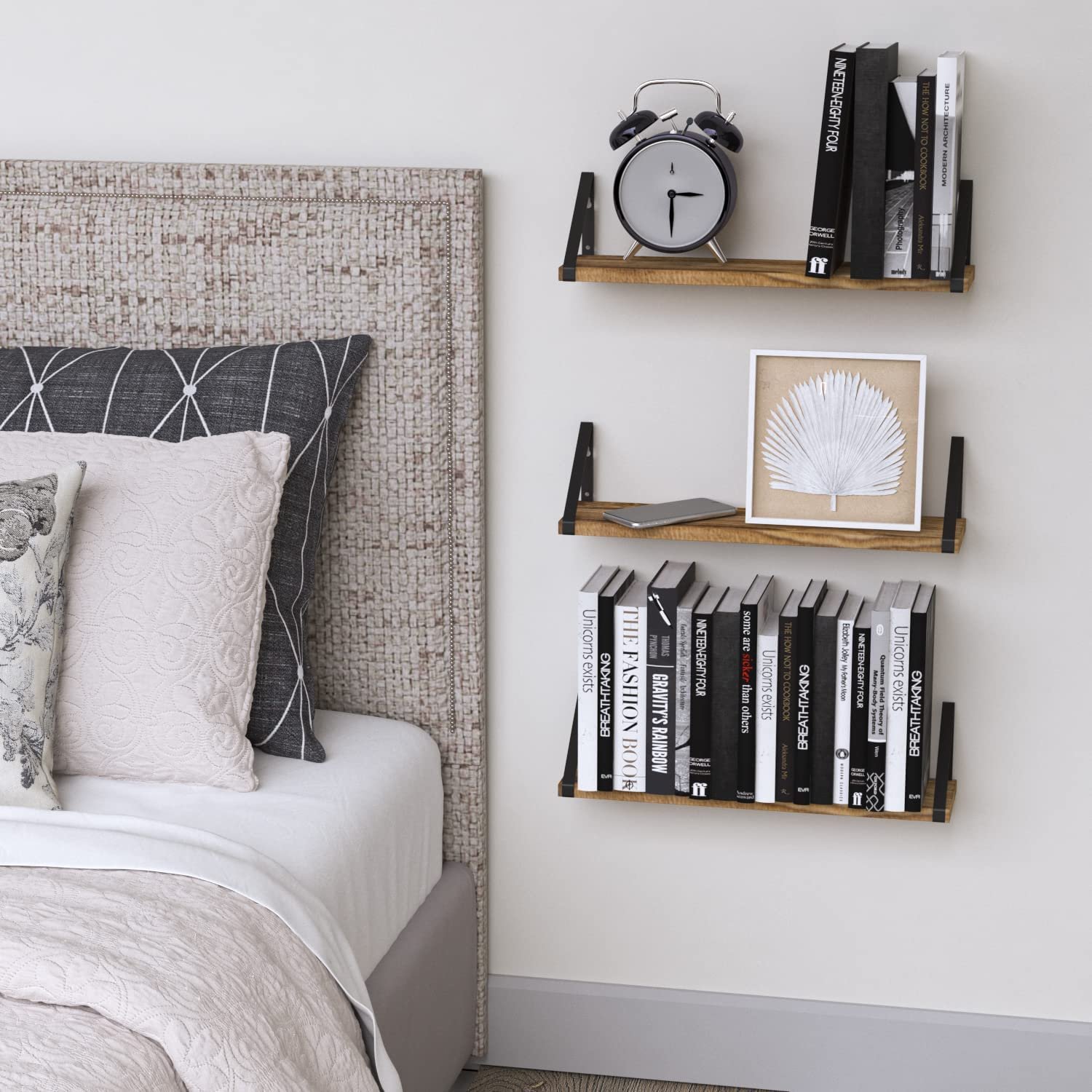 Organizemee Wooden Decorative Corner Shelves For Living Room,Best Floating Shelf For Wall,With Metal Brackets Suitable For Kitchen,Living Room,Bedroom Wall Decor(Length 16"X Width 5") (Walnut)(1 Nos)