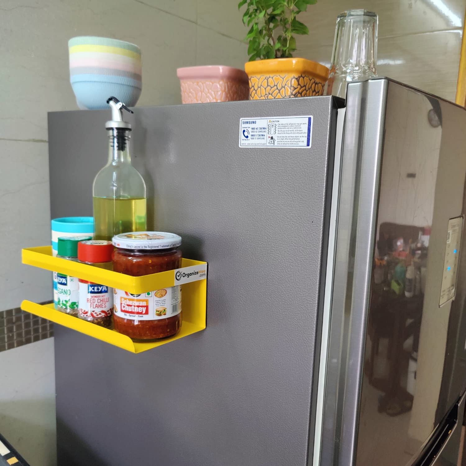 OrganizeMee Magnetic Metal Shelf for Fridge, Kitchen Organizer and Spice Rack, Refrigerator Side Storage Rack, Yellow Large SET4