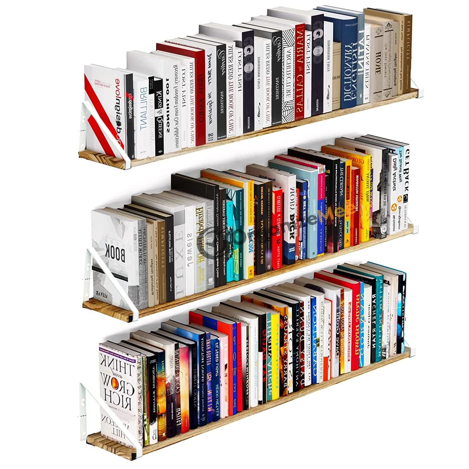 OrganizeMee Wooden Book Shelf Wall D?cor,Floating Shelves for Living Room Kitchen,Bedroom,Decorative Items,Pine Wood Planks Metal Mounting Brackets,Polished,Size(46 Inch X 6" White Bracket) Qty:1NOS