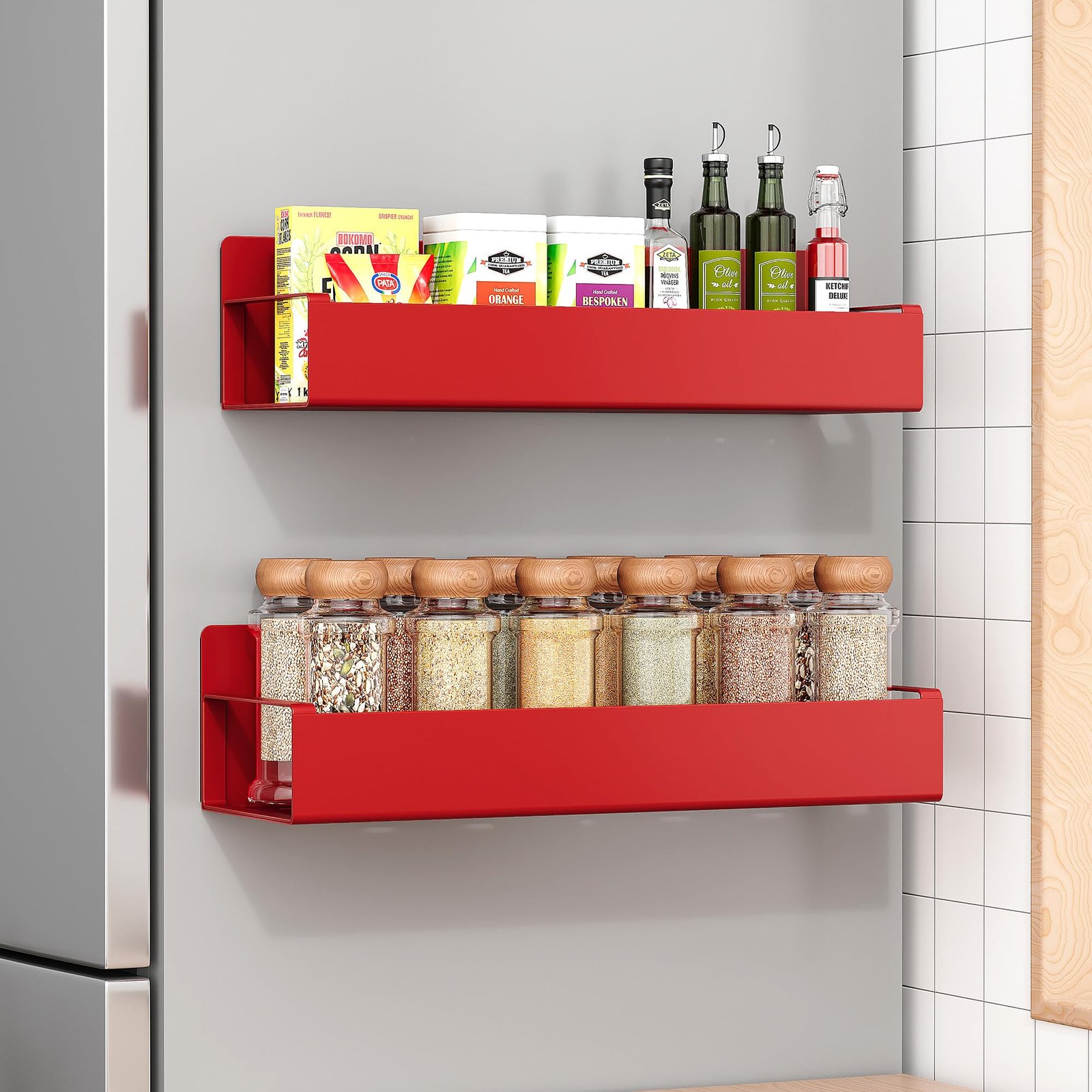 OrganizeMee Movable Kitchen Organizer Storage Spice Magnetic Rack,Decorate Your Fridge,Washing Machine & Microwave Oven with Metal Fridge Side Rack 1 Year Warranty: Red,Window Mount,Floating Shelves