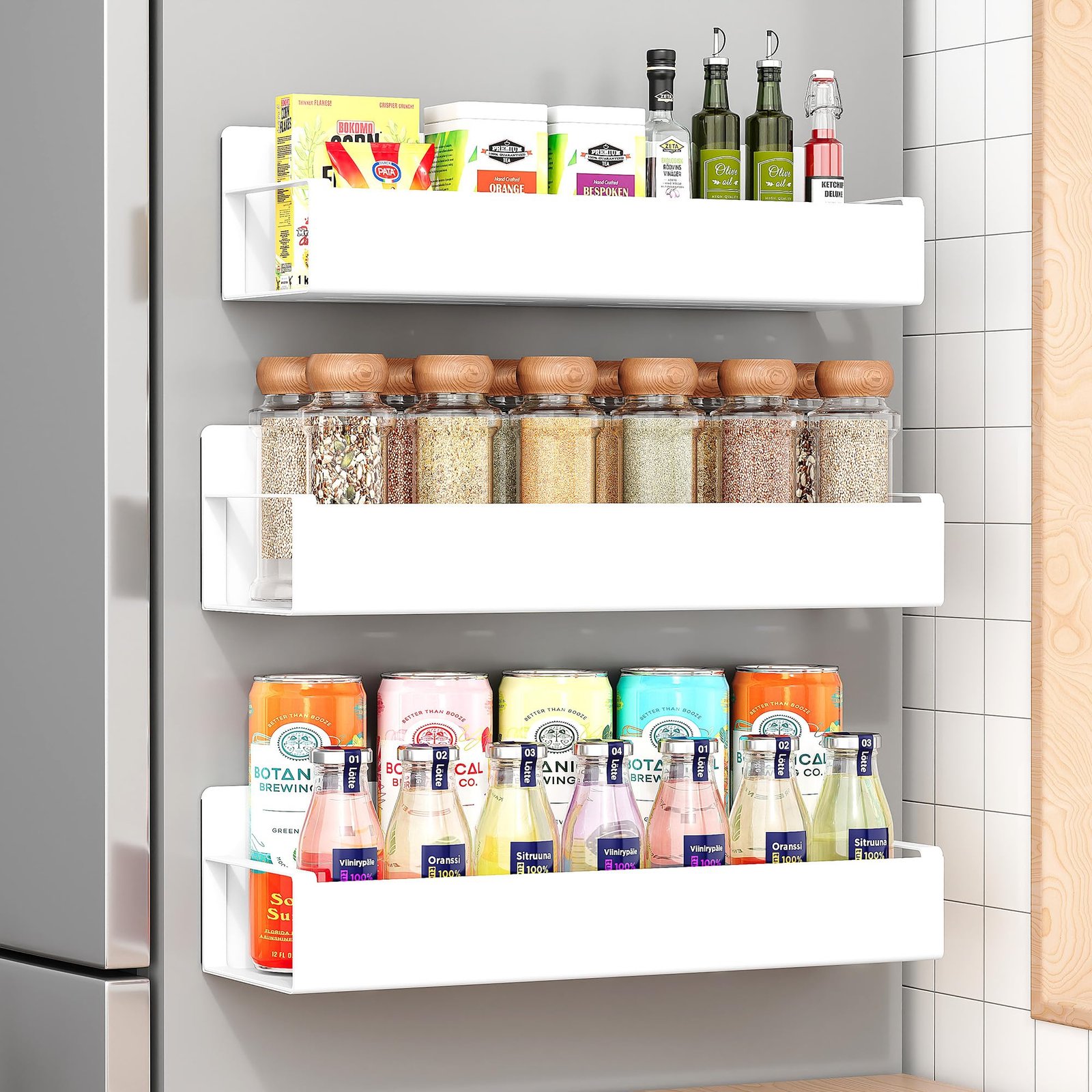 OrganizeMee Movable Kitchen Organizer Storage Spice Magnetic Rack, Decorate Your Fridge,Washing Machine & Microwave Oven with Magnetic Metal Fridge Side Rack 1 Year Warranty: White Set Of 3