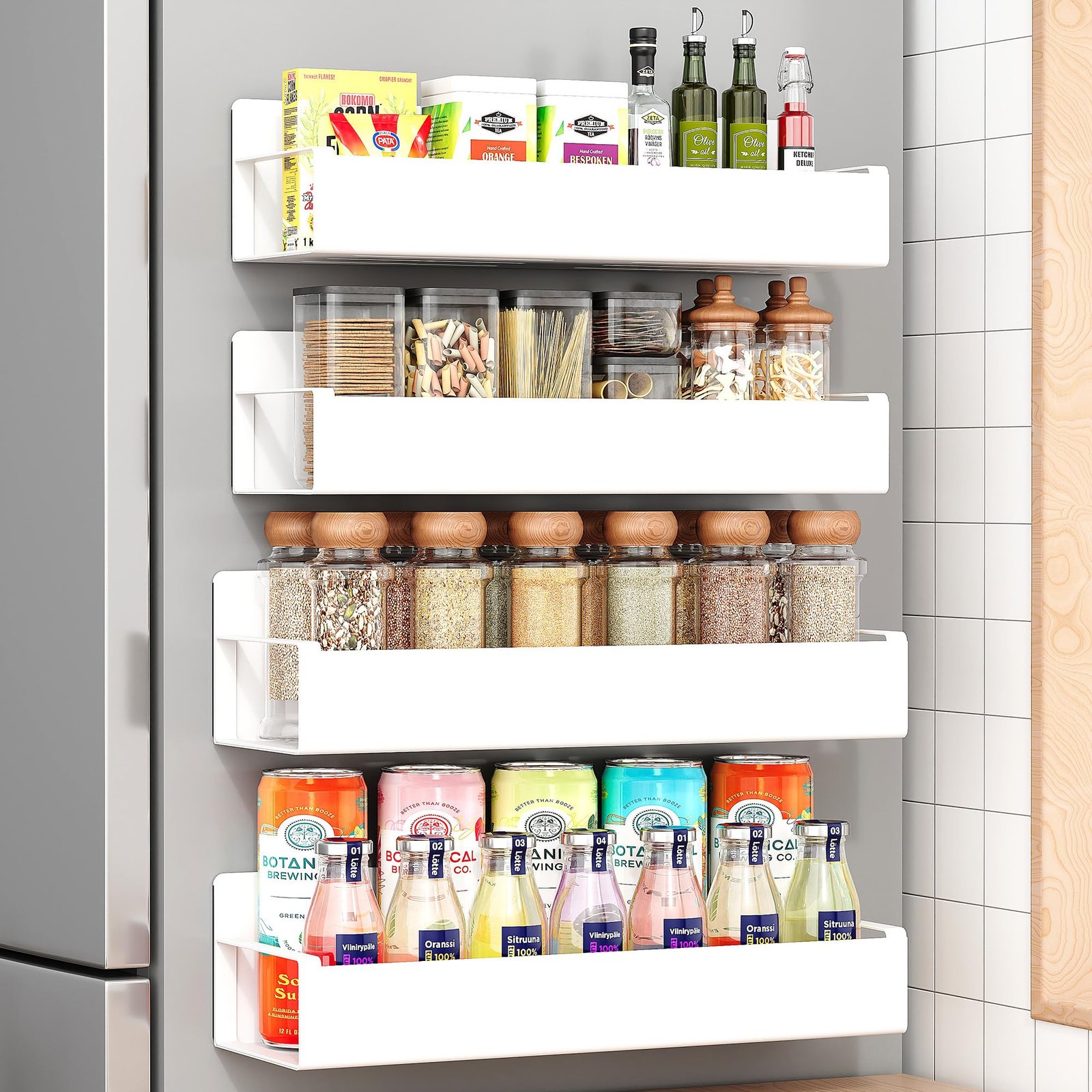 OrganizeMee Movable Kitchen Organizer Storage Spice Magnetic Rack, Decorate Your Fridge,Washing Machine & Microwave Oven with Magnetic Metal Fridge Side Rack 1 Year Warranty: White Set Of 4