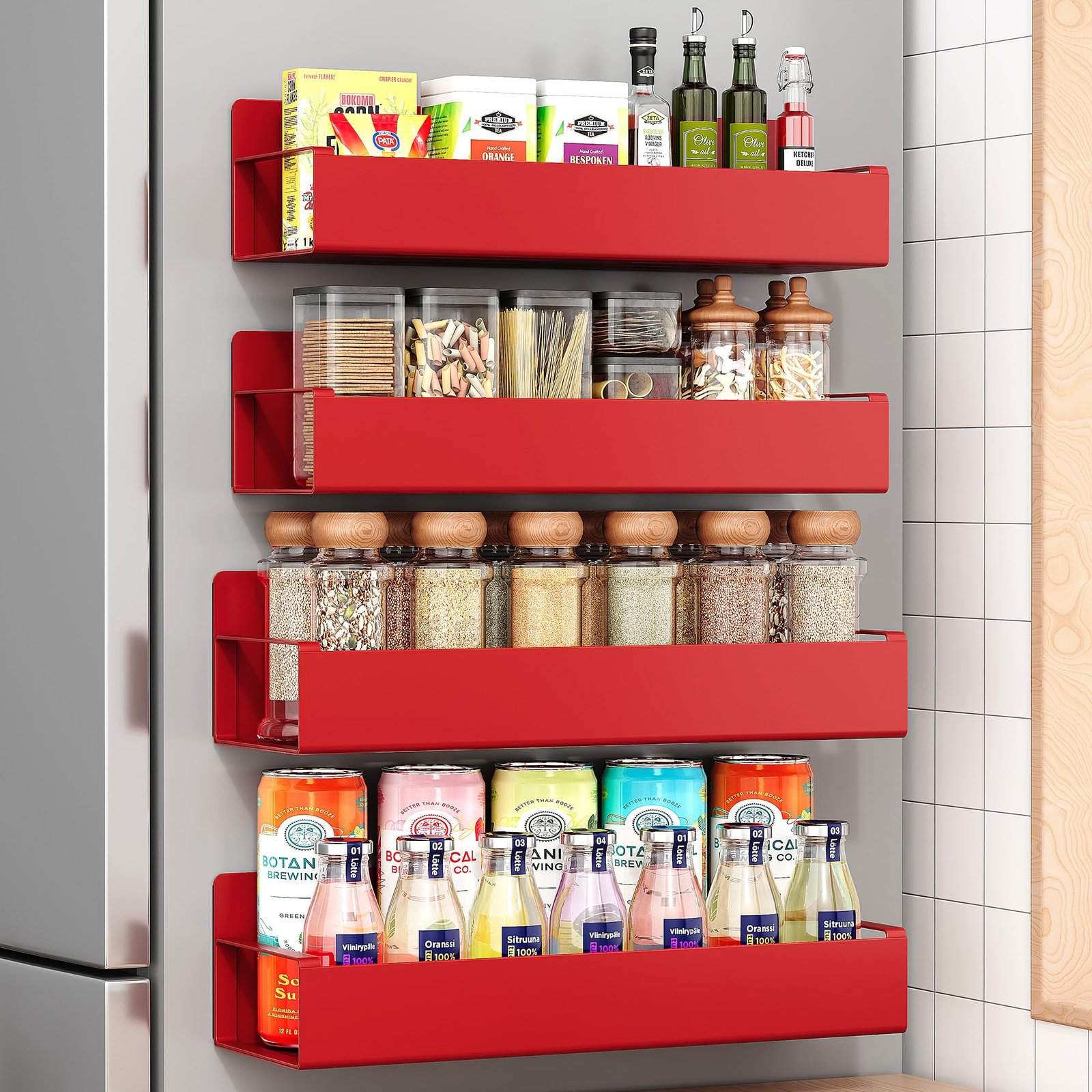 OrganizeMee Movable Kitchen Organizer Storage Spice Magnetic Rack, Decorate Your Fridge,Washing Machine & Microwave Oven with Magnetic Metal Fridge Side Rack 1 Year Warranty: Red Set Of 4