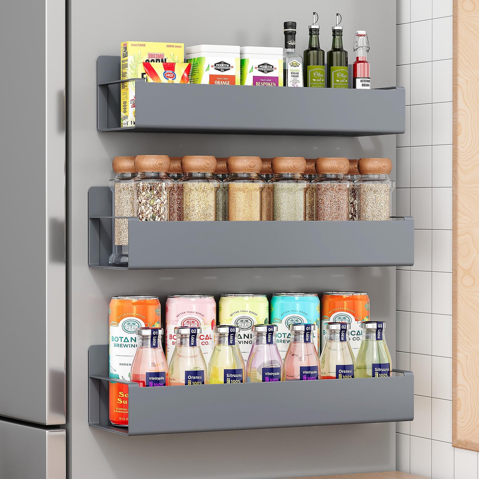 OrganizeMee Movable Kitchen Organizer Storage Spice Magnetic Rack, Decorate Your Fridge,Washing Machine & Microwave Oven with Magnetic Metal Fridge Side Rack 1 Year Warranty: Grey Set Of 3