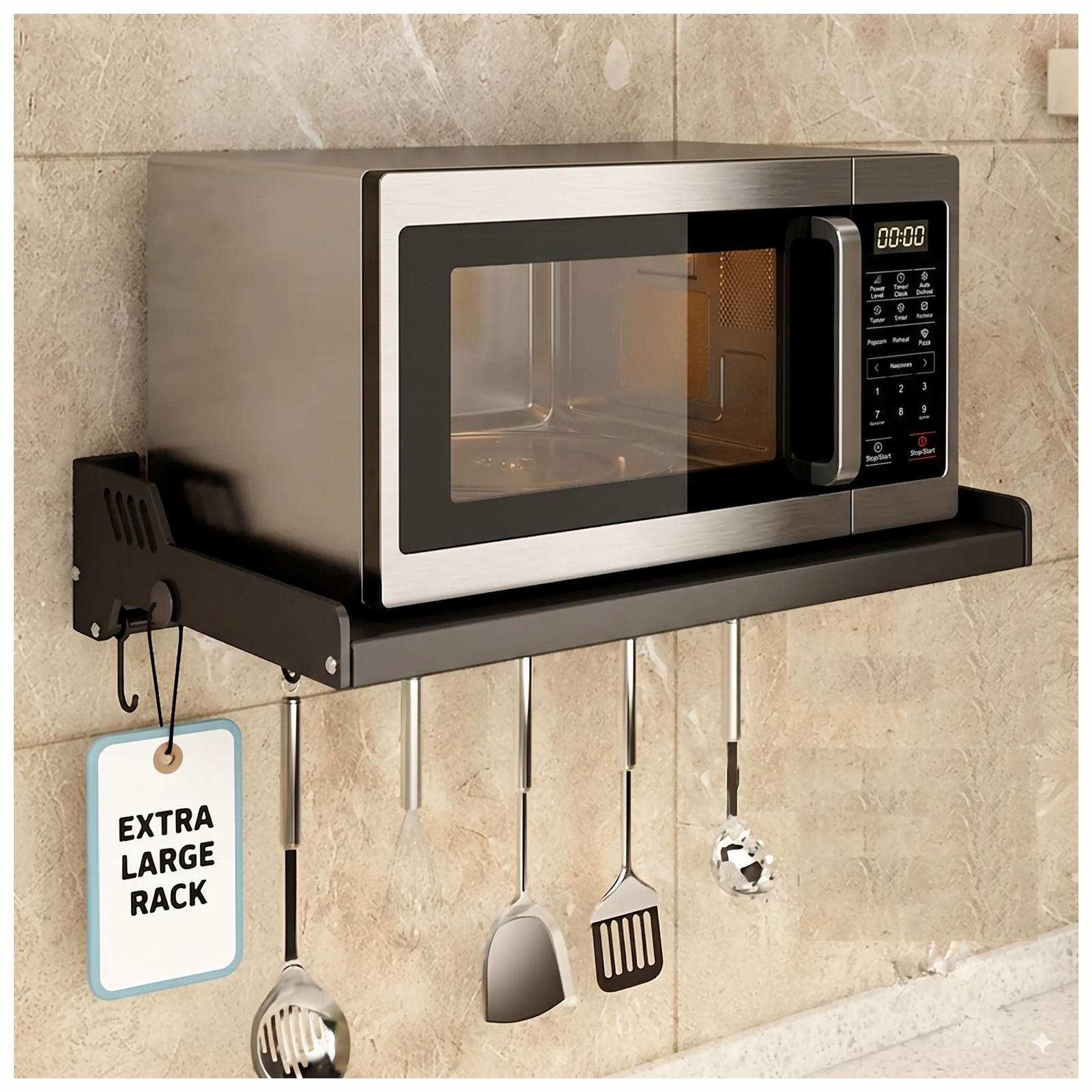 Size 60 cm wide X  60 CM Deep Extra Large Microwave Wall Shelf rack for Kitchen from 25-38 Liter with Hooks 65 Kg load