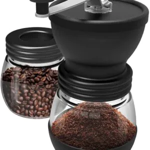 Manual Coffee Bean Grinder, Hand Coffee Mill with 2 Glass Jars Ceramic Burr Stainless Steel Handle for Aeropress, Drip Coffee, Espresso, French Press, Turkish Brew