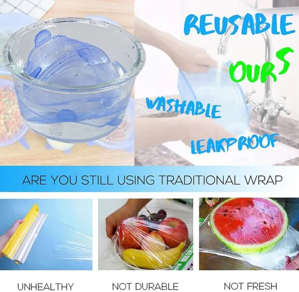 Silicone Stretch Lids Upgraded 6 Pack Various Sizes Rubber Stretchy Miracle Lid Reusable Elastic Bowl Cover for Food Storage Leftover Savers Fit Container Dish Cup (6, Blue)