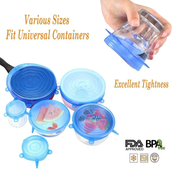 Silicone Stretch Lids Upgraded 6 Pack Various Sizes Rubber Stretchy Miracle Lid Reusable Elastic Bowl Cover for Food Storage Leftover Savers Fit Container Dish Cup (6, Blue)