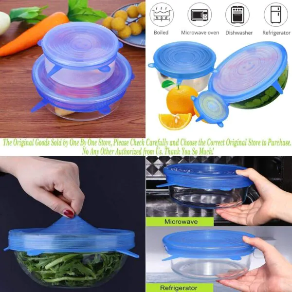 Silicone Stretch Lids Upgraded 6 Pack Various Sizes Rubber Stretchy Miracle Lid Reusable Elastic Bowl Cover for Food Storage Leftover Savers Fit Container Dish Cup (6, Blue)