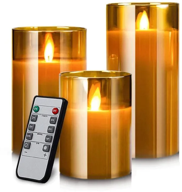 Flameless LED Glass Cup Pillar Candles, Paraffin Wax - AA Battery Powered, Faux Wick/Moving Flame, Remote Controller With Timer Function (Pack of 3 candles + Remote + 9xAA Batteries) - Brown