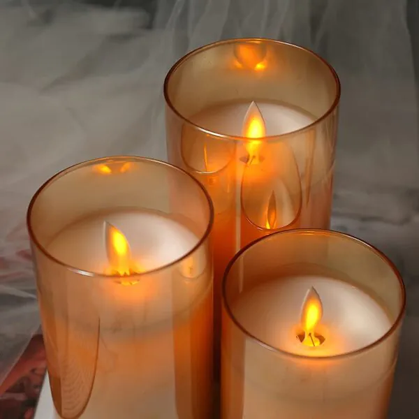 Flameless LED Glass Cup Pillar Candles, Paraffin Wax - AA Battery Powered, Faux Wick/Moving Flame, Remote Controller With Timer Function (Pack of 3 candles + Remote + 9xAA Batteries) - Brown